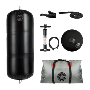 Yachtfend yacht kit display image containing air pump, yacht bag, ropes, rope covers, barometer and fender